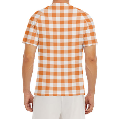 Orange And White Gingham Pattern Print Men's Short Sleeve Rash Guard