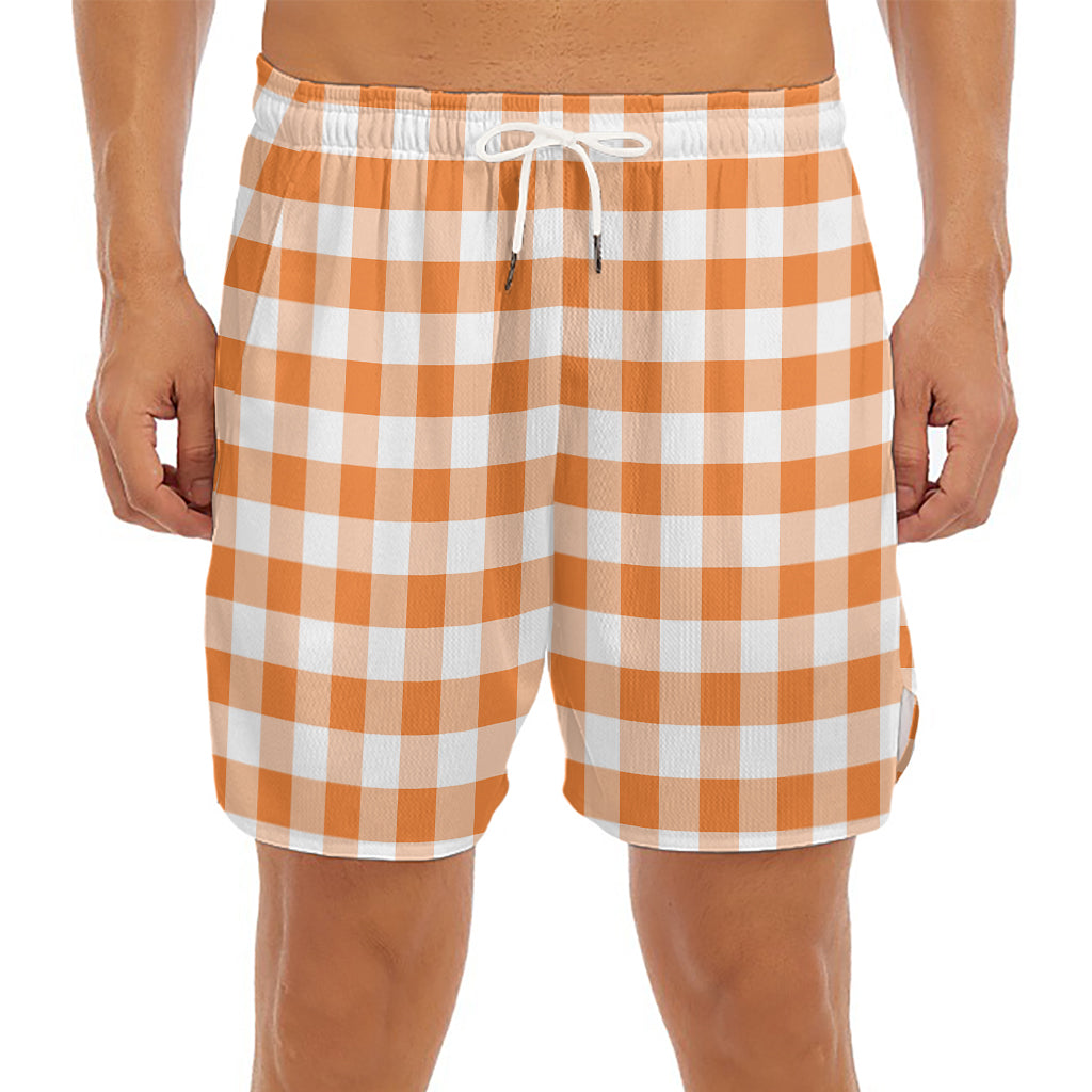 Orange And White Gingham Pattern Print Men's Split Running Shorts