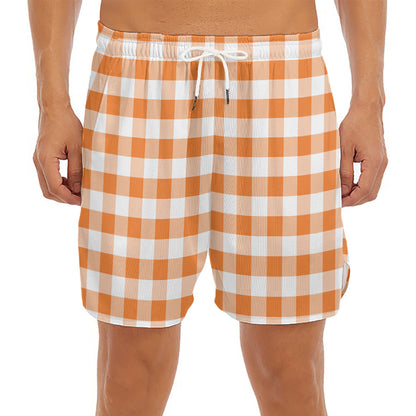 Orange And White Gingham Pattern Print Men's Split Running Shorts