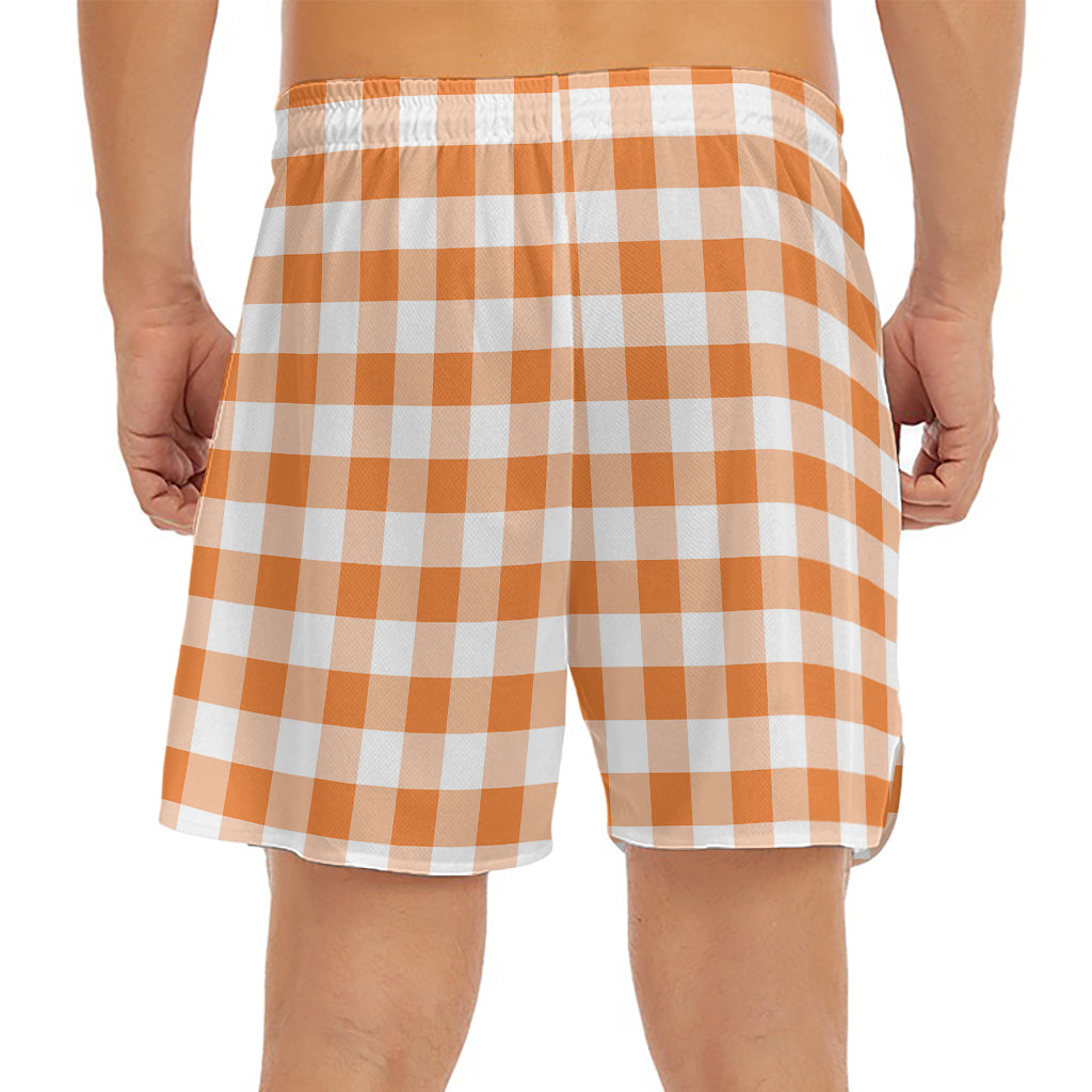 Orange And White Gingham Pattern Print Men's Split Running Shorts