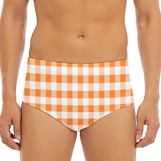 Orange And White Gingham Pattern Print Men's Triangle Swim Briefs