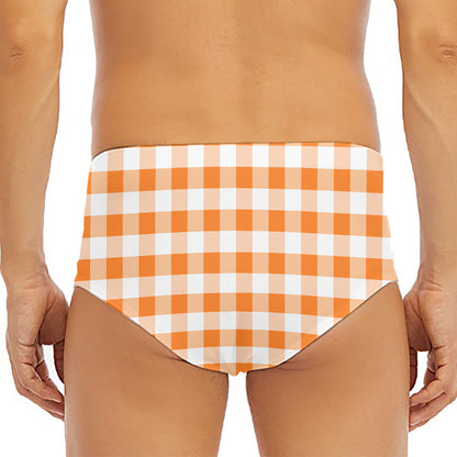 Orange And White Gingham Pattern Print Men's Triangle Swim Briefs