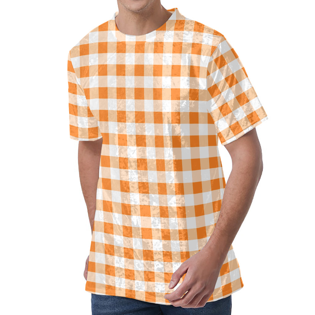 Orange And White Gingham Pattern Print Men's Velvet T-Shirt