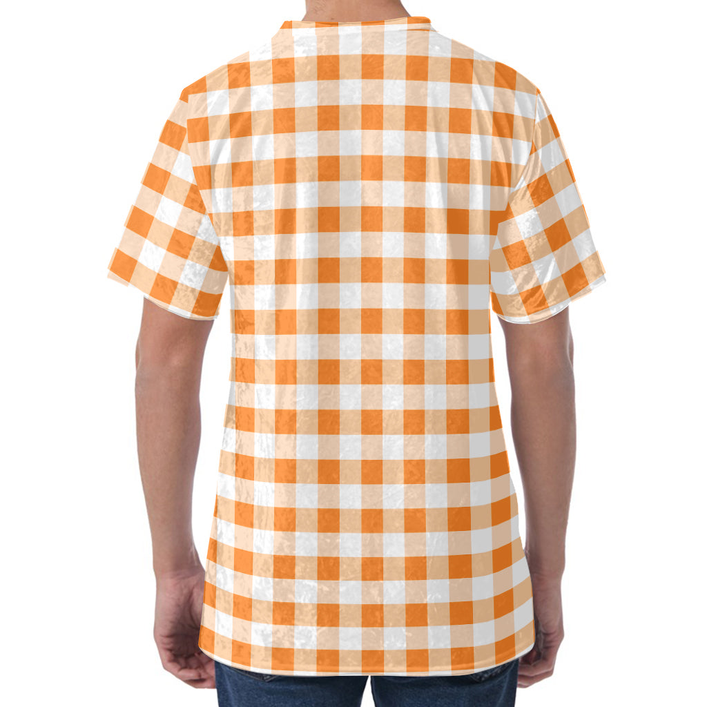 Orange And White Gingham Pattern Print Men's Velvet T-Shirt