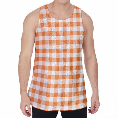 Orange And White Gingham Pattern Print Men's Velvet Tank Top