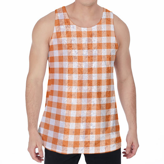 Orange And White Gingham Pattern Print Men's Velvet Tank Top