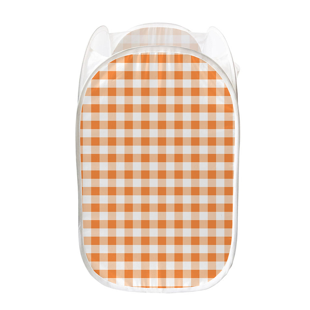 Orange And White Gingham Pattern Print Mesh Laundry Hamper