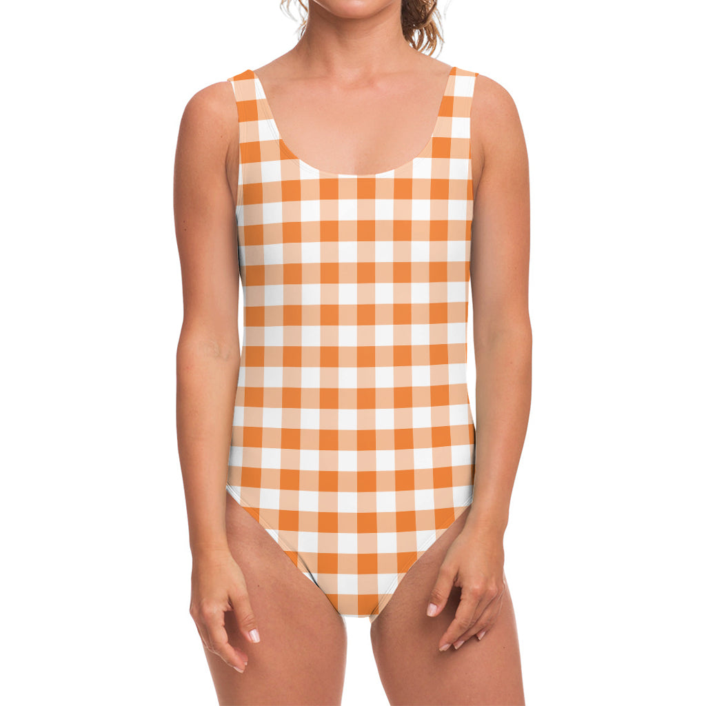 Orange And White Gingham Pattern Print One Piece Swimsuit