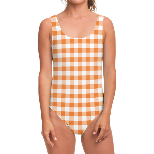 Orange And White Gingham Pattern Print One Piece Swimsuit