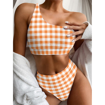 Orange And White Gingham Pattern Print One Shoulder Bikini Top