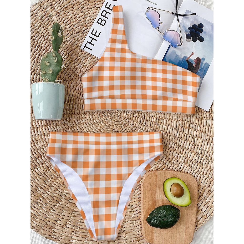 Orange And White Gingham Pattern Print One Shoulder Bikini Top