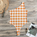 Orange And White Gingham Pattern Print One Shoulder Bodysuit