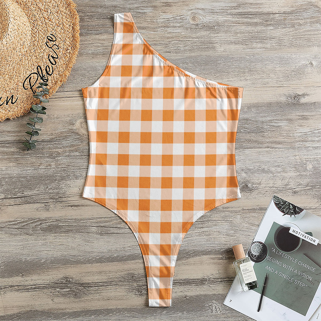Orange And White Gingham Pattern Print One Shoulder Bodysuit