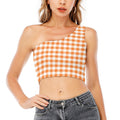 Orange And White Gingham Pattern Print One Shoulder Crop Top