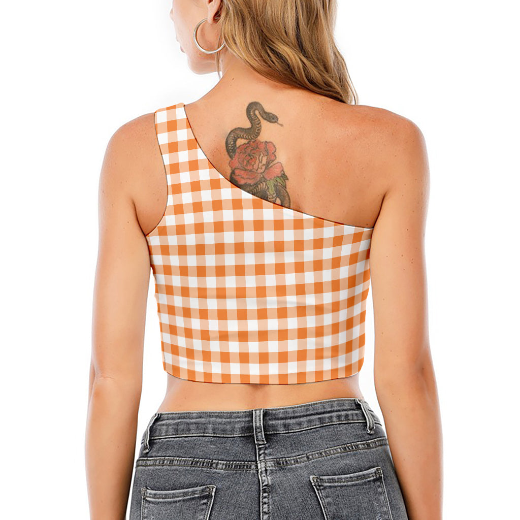 Orange And White Gingham Pattern Print One Shoulder Crop Top