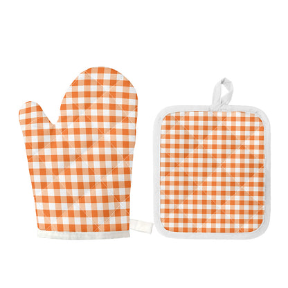 Orange And White Gingham Pattern Print Oven Mitt And Pot Holder Set