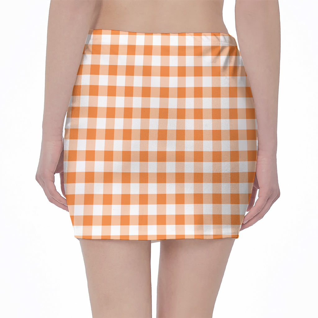 Orange And White Gingham Pattern Print Pencil Mini Skirt