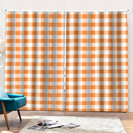 Orange And White Gingham Pattern Print Pencil Pleat Curtains