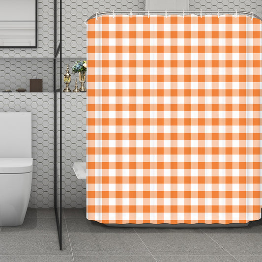 Orange And White Gingham Pattern Print Polyester Shower Curtain