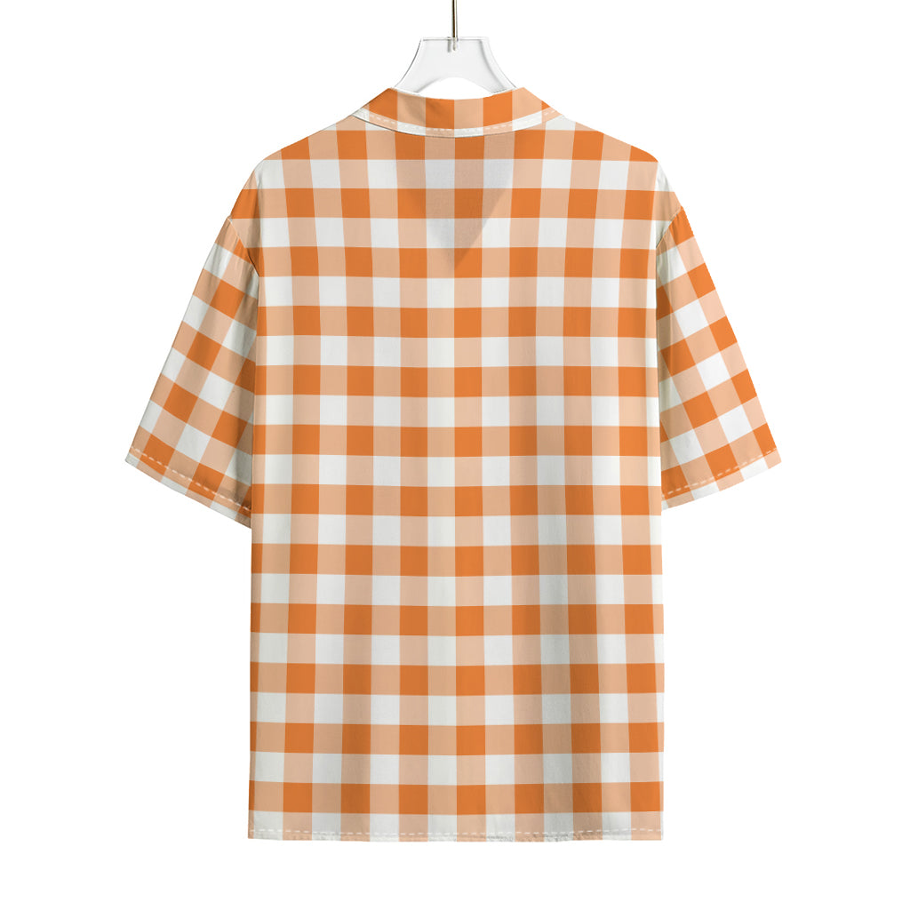 Orange And White Gingham Pattern Print Rayon Hawaiian Shirt
