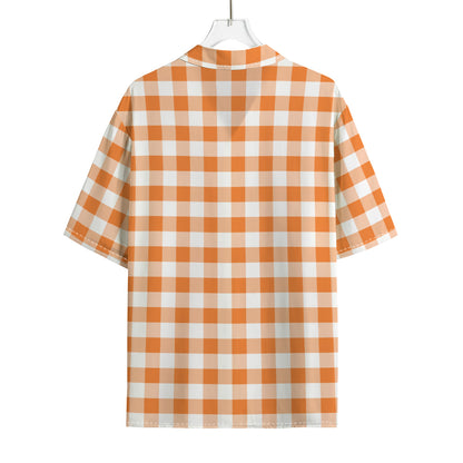 Orange And White Gingham Pattern Print Rayon Hawaiian Shirt