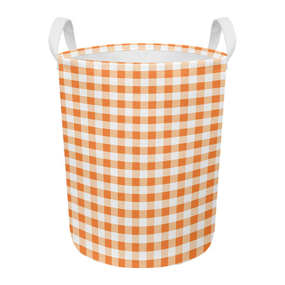 Orange And White Gingham Pattern Print Round Laundry Basket