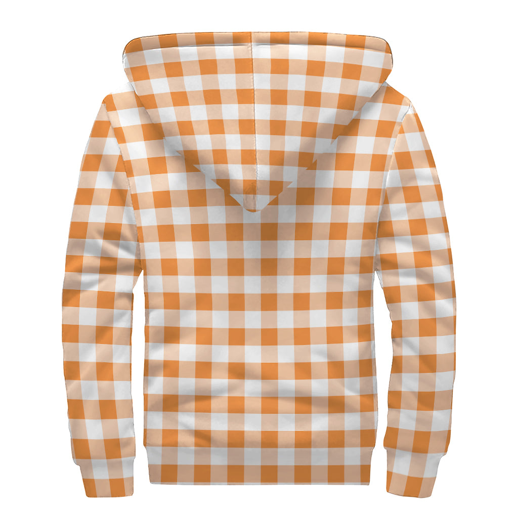 Orange And White Gingham Pattern Print Sherpa Lined Zip Up Hoodie