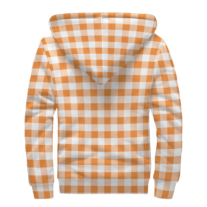 Orange And White Gingham Pattern Print Sherpa Lined Zip Up Hoodie