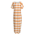 Orange And White Gingham Pattern Print Short Sleeve Long Nightdress