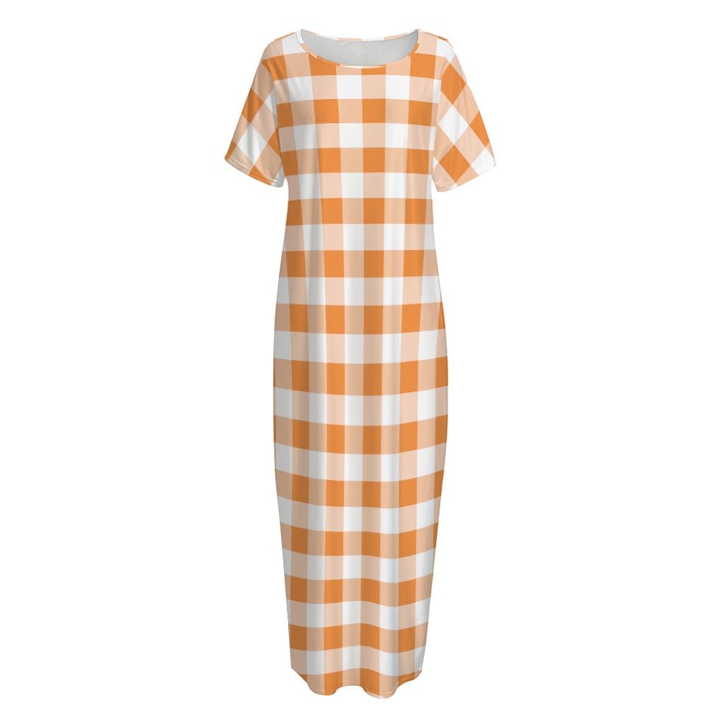Orange And White Gingham Pattern Print Short Sleeve Long Nightdress