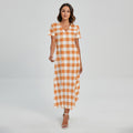 Orange And White Gingham Pattern Print Short Sleeve Maxi Dress