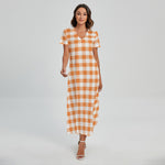 Orange And White Gingham Pattern Print Short Sleeve Maxi Dress