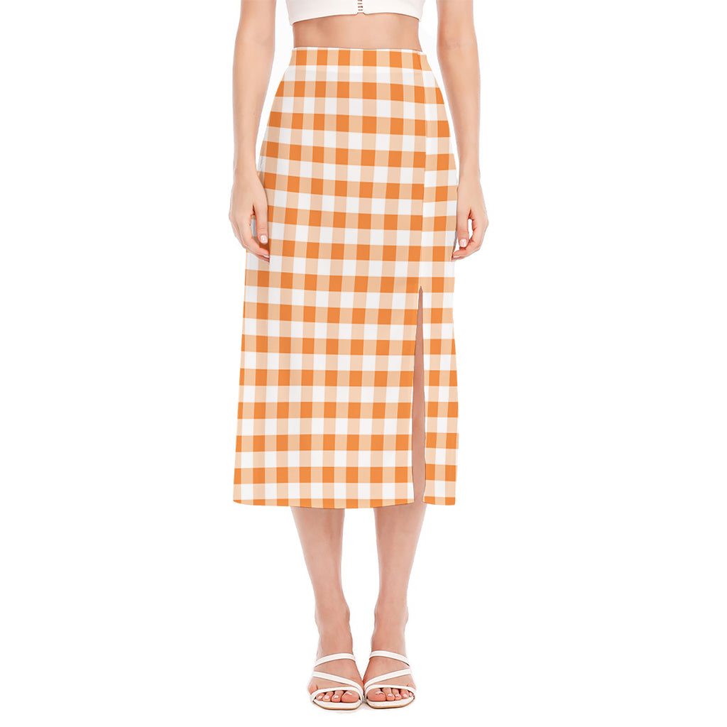 Orange And White Gingham Pattern Print Side Slit Midi Skirt