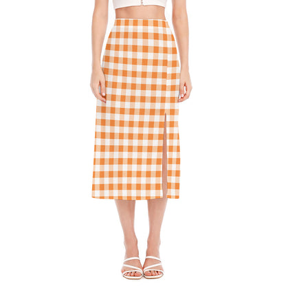Orange And White Gingham Pattern Print Side Slit Midi Skirt