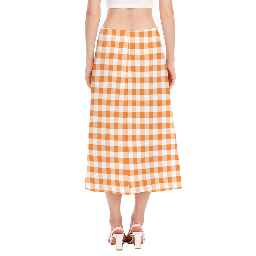 Orange And White Gingham Pattern Print Side Slit Midi Skirt