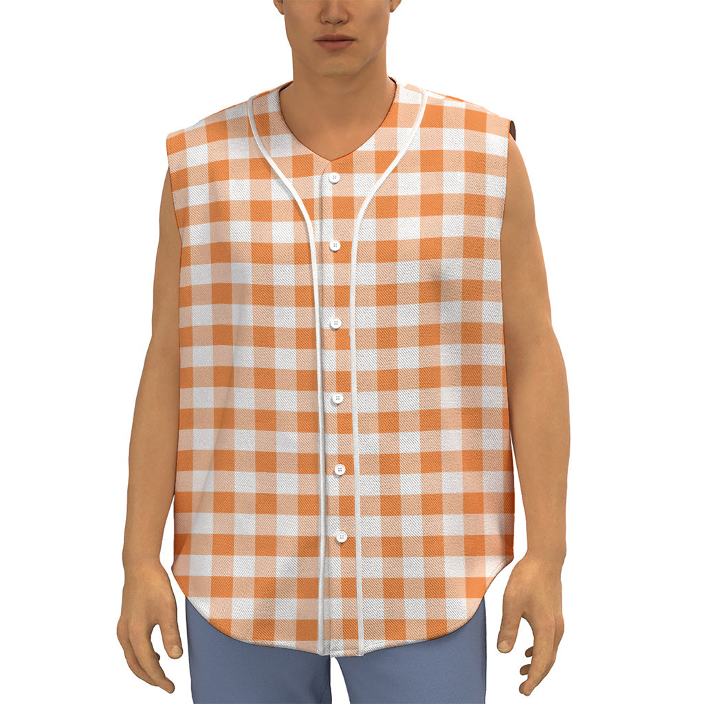 Orange And White Gingham Pattern Print Sleeveless Baseball Jersey