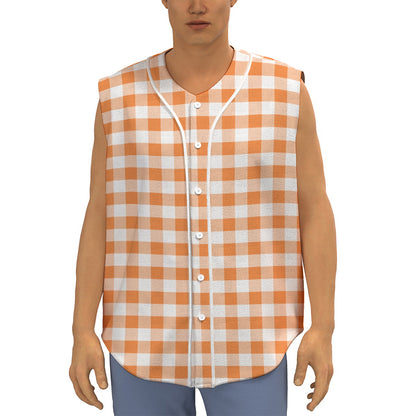 Orange And White Gingham Pattern Print Sleeveless Baseball Jersey