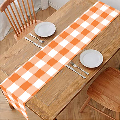 Orange And White Gingham Pattern Print Table Runner
