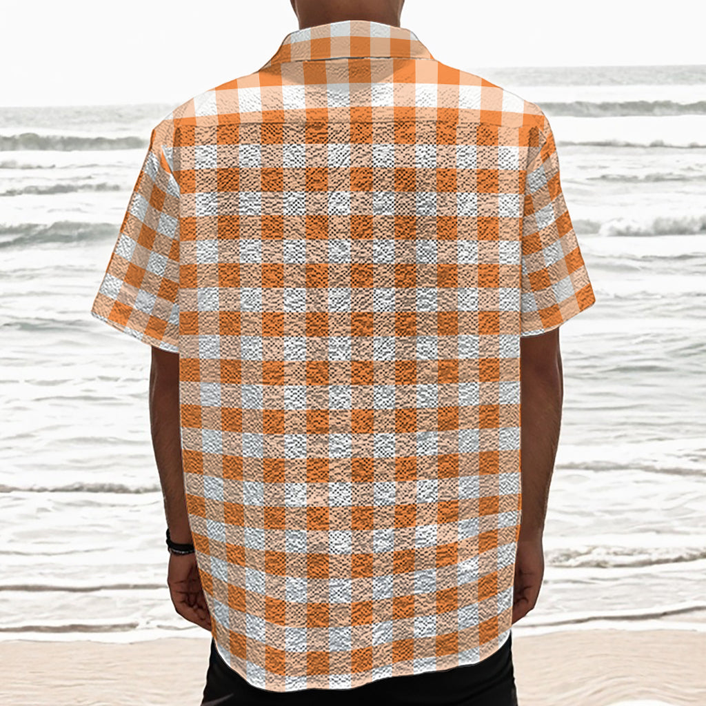 Orange And White Gingham Pattern Print Textured Short Sleeve Shirt