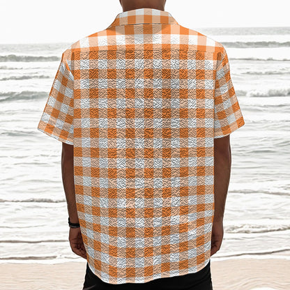 Orange And White Gingham Pattern Print Textured Short Sleeve Shirt