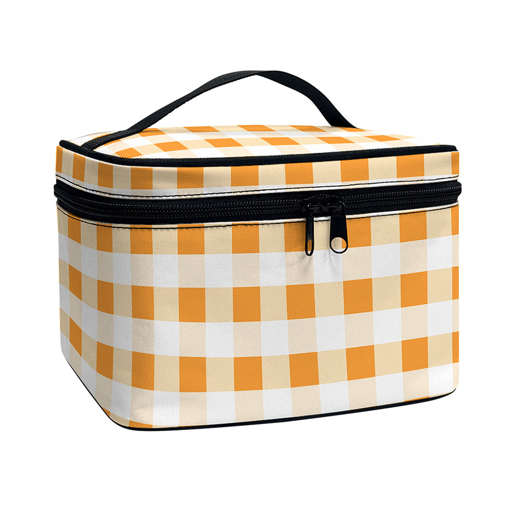 Orange And White Gingham Pattern Print Travel Makeup Bag