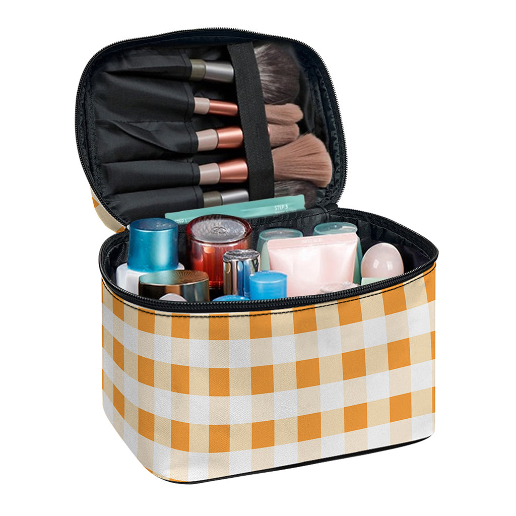 Orange And White Gingham Pattern Print Travel Makeup Bag