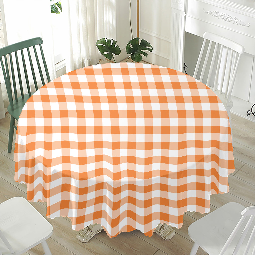 Orange And White Gingham Pattern Print Waterproof Round Tablecloth