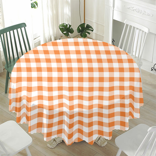 Orange And White Gingham Pattern Print Waterproof Round Tablecloth