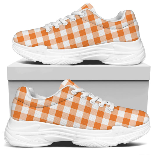 Orange And White Gingham Pattern Print White Chunky Shoes