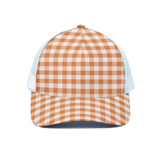 Orange And White Gingham Pattern Print White Mesh Trucker Cap