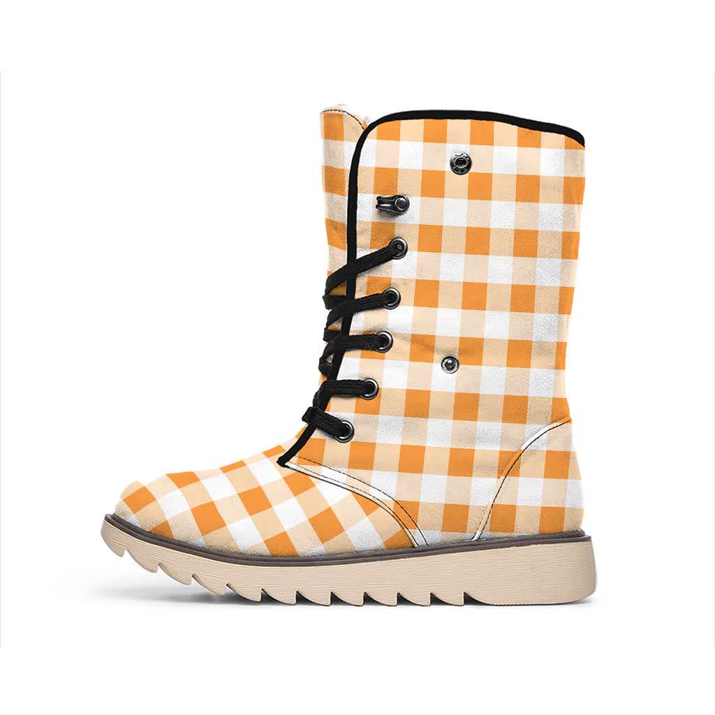Orange And White Gingham Pattern Print Winter Boots
