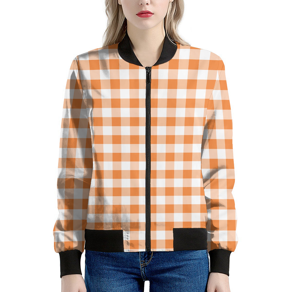 Orange And White Gingham Pattern Print Women's Bomber Jacket