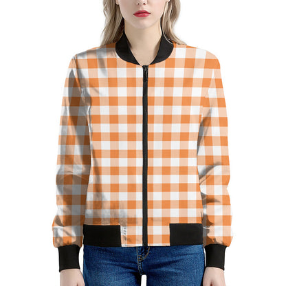 Orange And White Gingham Pattern Print Women's Bomber Jacket