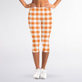 Orange And White Gingham Pattern Print Women's Capri Leggings